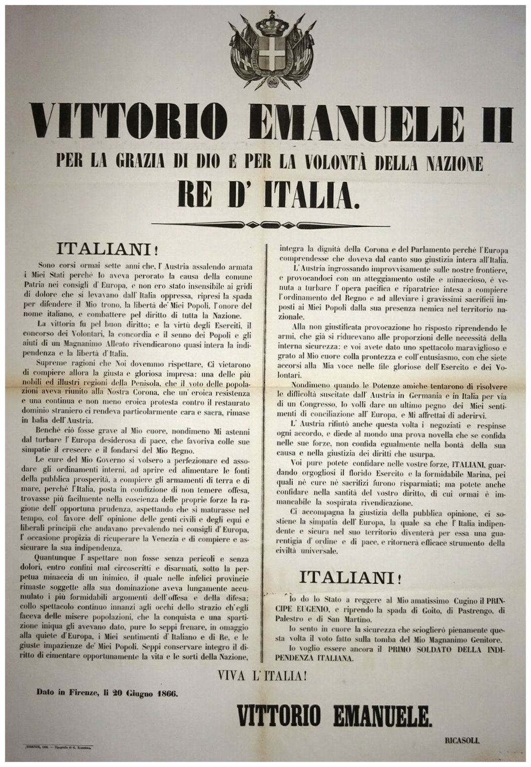 Dichiarazione di Vittorio Emanuele II per la 3a guerra di indipendenza